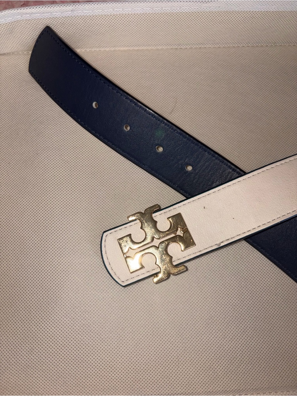 Tory Burch Navy Leather Belt with Gold Logo Buckle - Picture 8 of 12